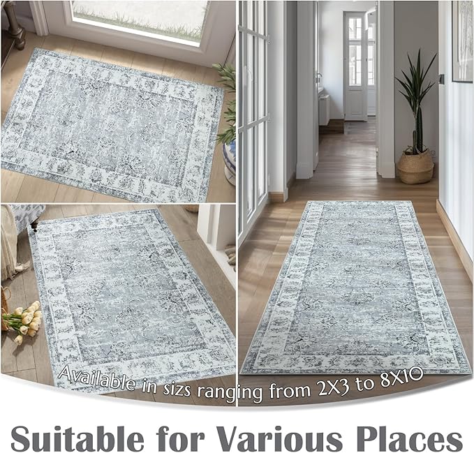 jinchan Runner Rug 2x6 Washable Hallway Runner - Vintage Floral Non Slip Low-Pile Soft Thin Kitchen Rug Distressed Carpet for Farmhouse Bedroom Entryway Laundry Room(2x6ft,Grey)-CubbioJoy