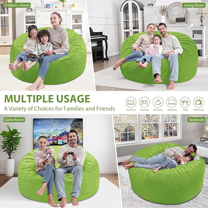 5FT Bean Bag Chair, Large Bean Bag Chairs with Memory Foam Filled, Fluffy Beanbag Sofa with Dutch Velvet Cover, Round BeanBag Chairs for Living Room, Playroom - Lime-CubbioJoy