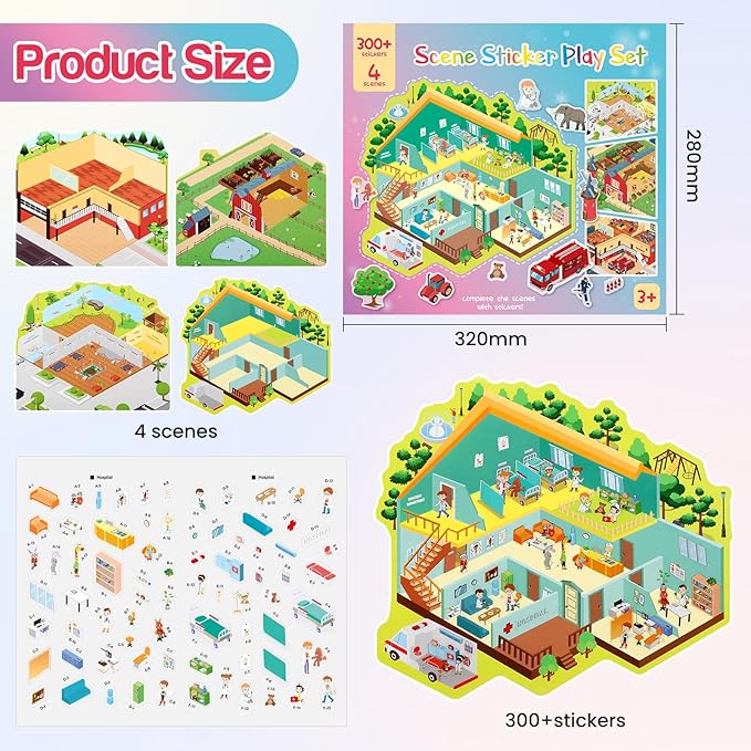 3D Sticker Scene Play Set – 4 Scenes with 300+ Stickers, Reusable Sticker Book, Waterproof Stickers for Kids & Adults-CubbioJoy