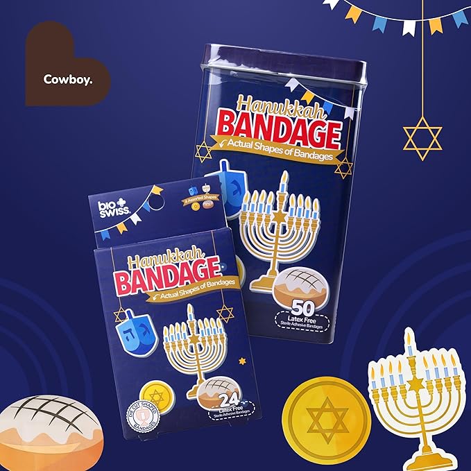 BioSwiss Bandages, Hanukkah Shaped Self Adhesive Bandage, Latex Free Wound Care, Fun First Aid Kit Supplies for Kids and Adults, 24 Count-CubbioJoy