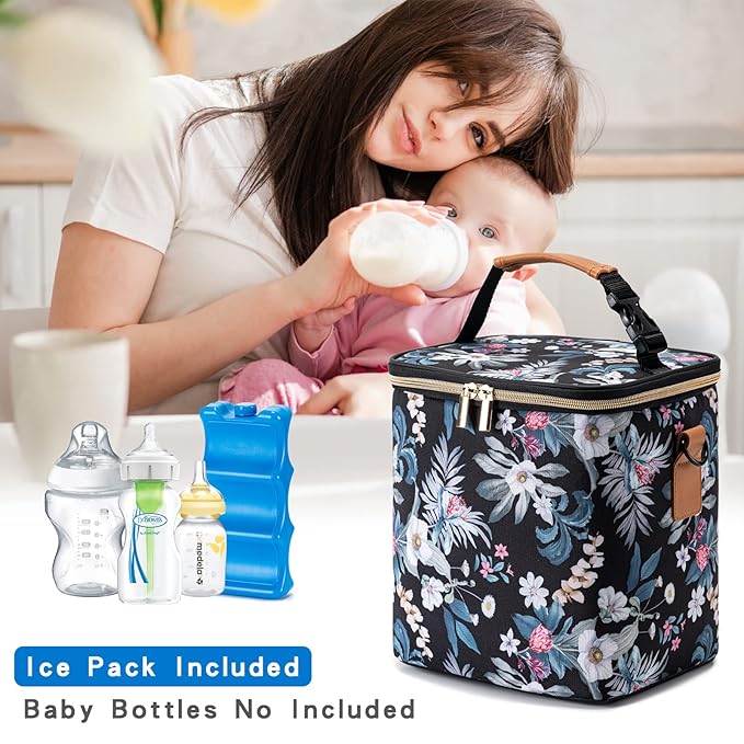 Breastmilk Cooler Bag with Ice Pack Fits 6 Baby Bottles Up to 9 Ounce, Baby Bottle Bag with Shoulder Strap for Nursing Mom Daycare, Floral-CubbioJoy