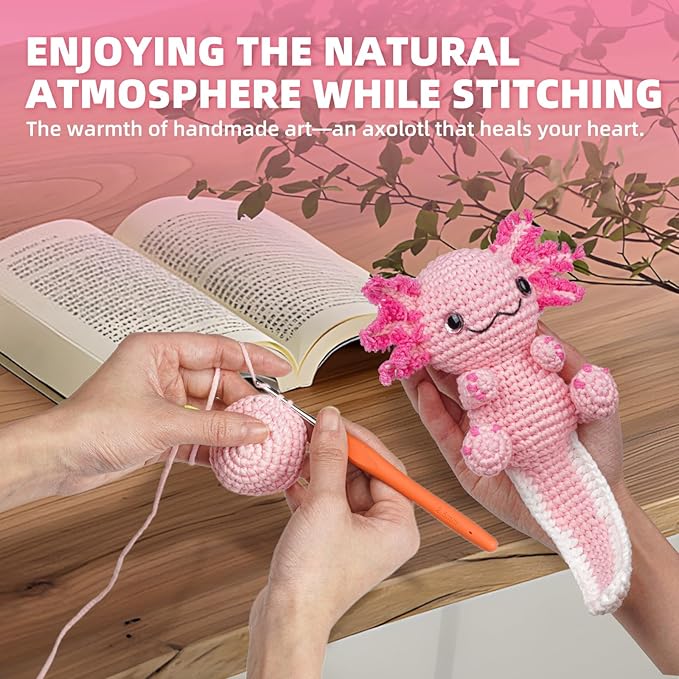 Crochet Kit for Beginners, Learn to Crochet, Include Easy Knitting Soft Yarn, Step-by-Step Video Tutorial, Hook, Holiday Birthday Gift for Adults and Kids(Happy Axolotl)-CubbioJoy