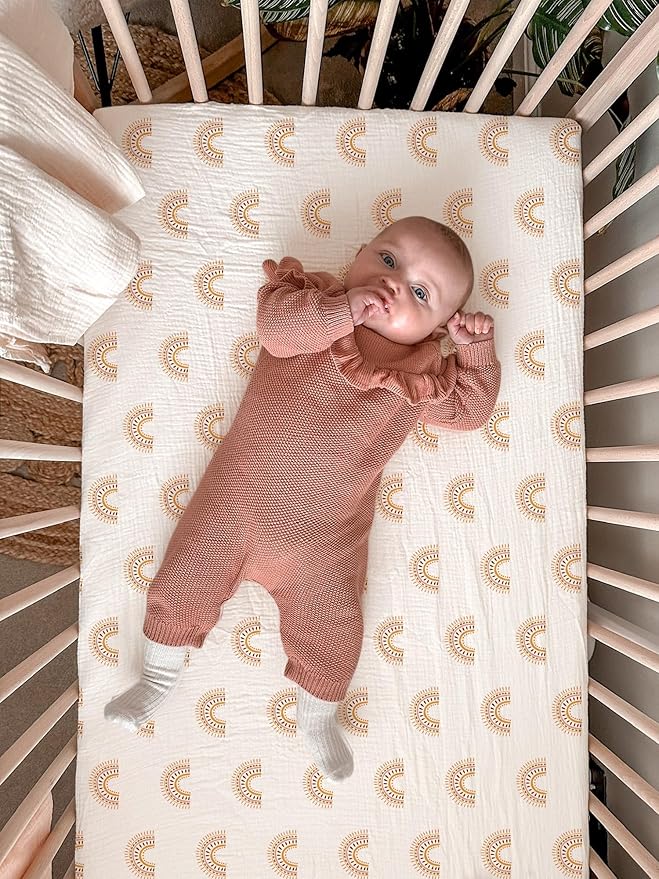 Bassinet Sheet for Baby Boy and Girl 2 Pack, Fitted Sheets for Rectangle, Oval, Hourglass Bassinet Mattress, Muslin Moses Basket Sheets with Neutral Style (Beige & Rainbow)-CubbioJoy
