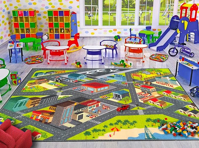 KC Cubs 3x5 City Streets Car Road Rug – Educational Non-Slip Play Mat for Kids, Toddlers, Nursery, Classroom, Playroom, Baby Daycare, Boy Girl Carpet-CubbioJoy