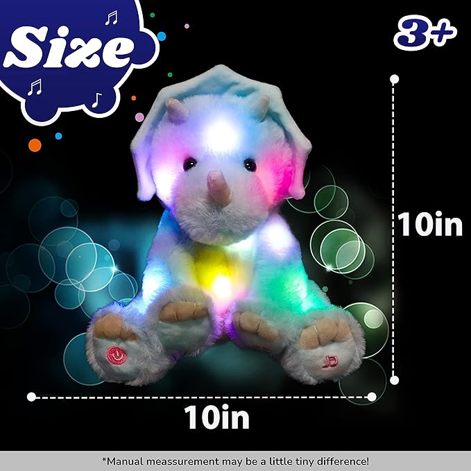 Cuteoy Light-up Singing Plush Blue Triceratops LED Musical Stuffed Animal Dinosaur Adjustable Volume Lullaby Plushies Birthday Christmas Toy Gifts for Kids Toddler Girls, 13"-CubbioJoy