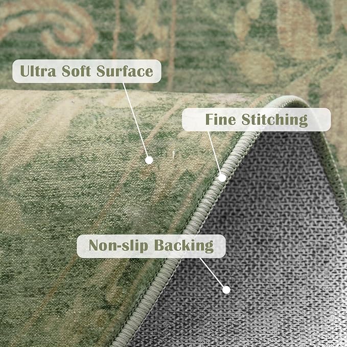 jinchan Round Rug 6ft Area Rugs Vintage Floral Distressed Design,Machine Washable Soft Non-Slip Low-Pile Ultra-Thin Circle Rug for Bedside Living Room Dining Room Bedroom (6' Round, Dark Green)-CubbioJoy