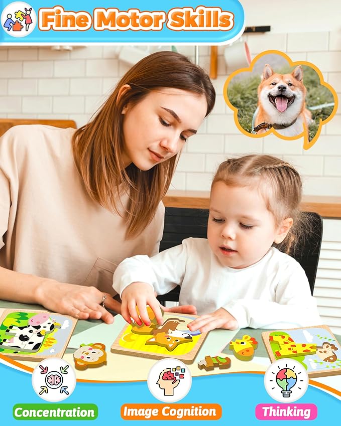 Benresive Wooden Toddler Puzzles, 4pcs Animal Montessori Toys for 1-3 Year Old Boys & Girls, Learning Educational Preschool Toys, Great Gifts for 1 2 3 Year Olds-CubbioJoy