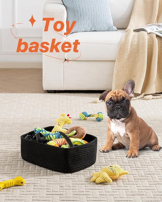 KALLAX Small Woven Basket, 13.5 x 9.5 x 5 Inches, Storage Basket for Organizing, Cute Small Rope Shelf Closet Cube Storage Bins Baskets for Shelves, Dog Toy Gift Baskets Empty, 3 Packs, Black-CubbioJoy