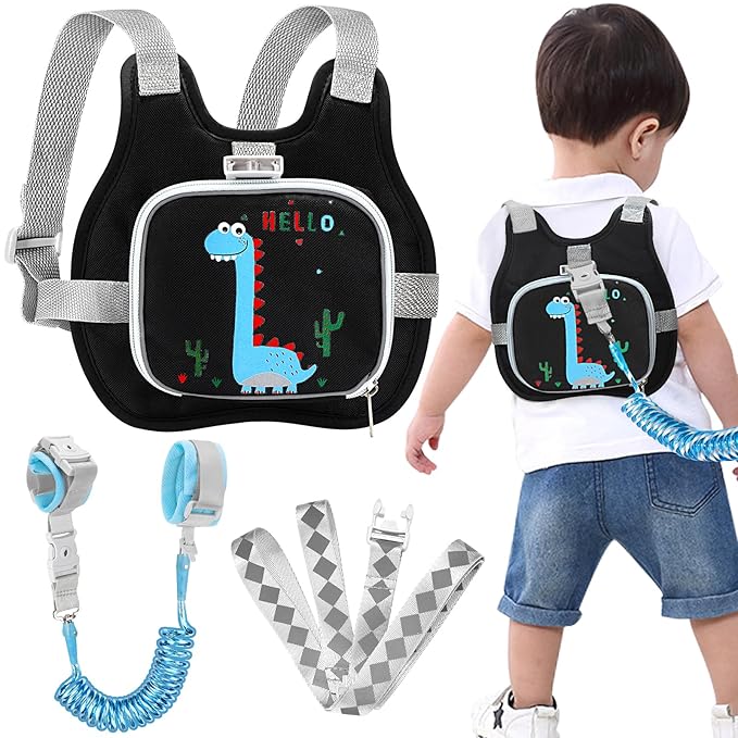Accmor Toddler Harness Leash+ Reflective Anti Lost Wrist Link, Cute Dinosaur Kids Harness with Leash, Foldable Child Harness Baby Leash Boys Walking Wristband Assistant Belt for Outdoor Travel-CubbioJoy