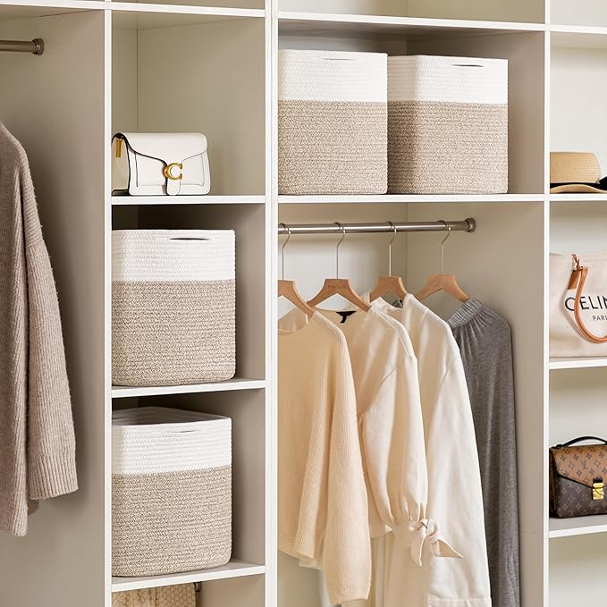 joybest Cube Storage Bins Set of 4, 13inch Cube Baskets Organizer for Nursery, Square Cotton Rope Baskets for Shelves Organizing, Kids Toy, Closet Storage, Brown and Cream White-CubbioJoy