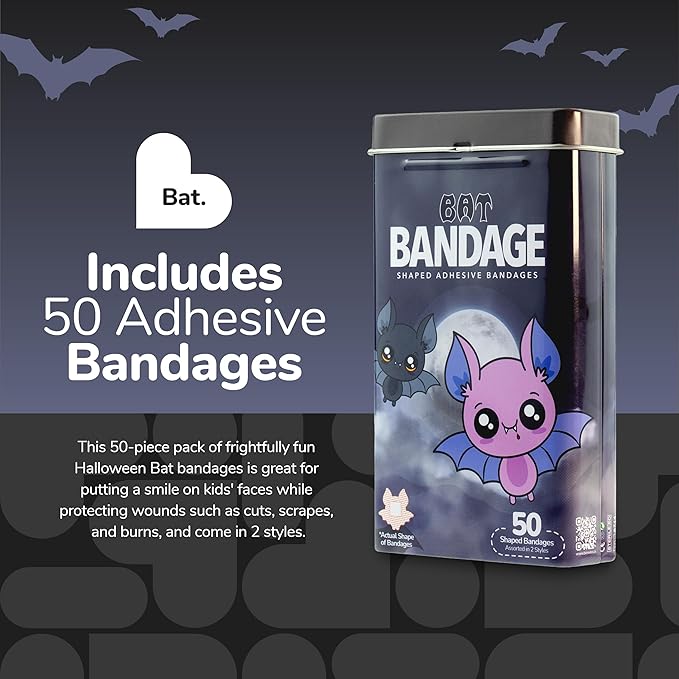 BioSwiss Bandages, Halloween Bat Shaped Self Adhesive Bandage, Latex Free Sterile Wound Care, Fun First Aid Kit Supplies for Kids, 50 Count-CubbioJoy