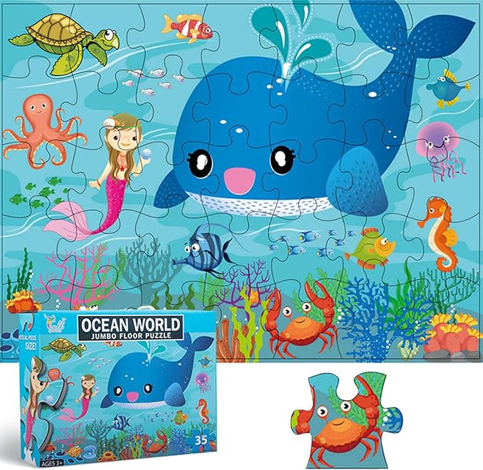 Jumbo Floor Puzzle for Kids, Large Jigsaw Puzzles 35 Piece for Kids Ages 3-5,Preschool Learning & Education Toys, Gifts for 4-8 Year Old Boys and Girls (Marine Animals)-CubbioJoy