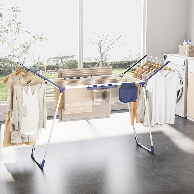 APEXCHASER Clothes Drying Rack Foldable, Drying Rack Clothing Large Space, Winged Laundry Rack with Sock Clips for Hanging Towels Clothes Dress Bedding Indoor Outdoor, White-CubbioJoy
