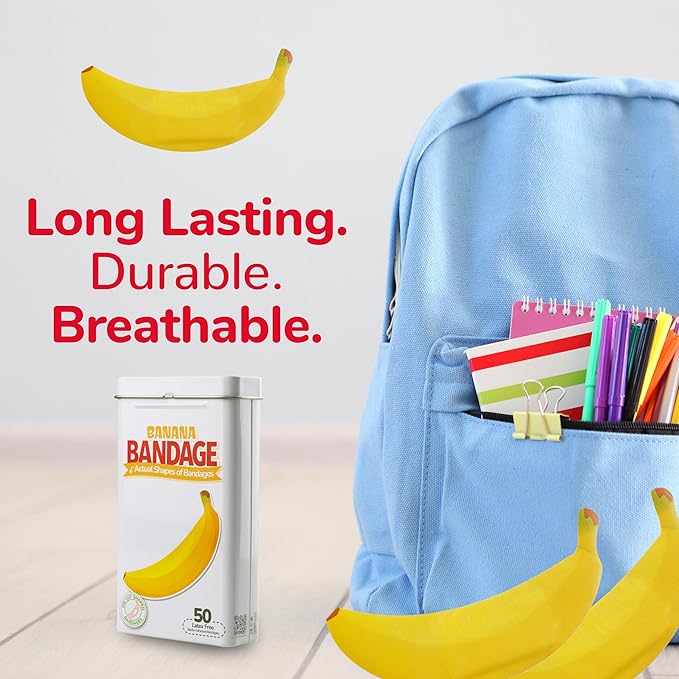 BioSwiss Bandages, Banana Shaped Self Adhesive Bandage, Latex Free Sterile Wound Care, Fun First Aid Kit Supplies for Kids, 50 Count-CubbioJoy