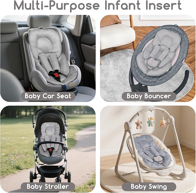 Infant Car Seat Insert for Newborn Girls Boys, Summer Mesh Baby Carseat Head Support with Strap Pads, Soft Reversible Baby Car Seat Insert Cushion Pad for Car Seat, Stroller, Bouncer, Swing, Gray-CubbioJoy