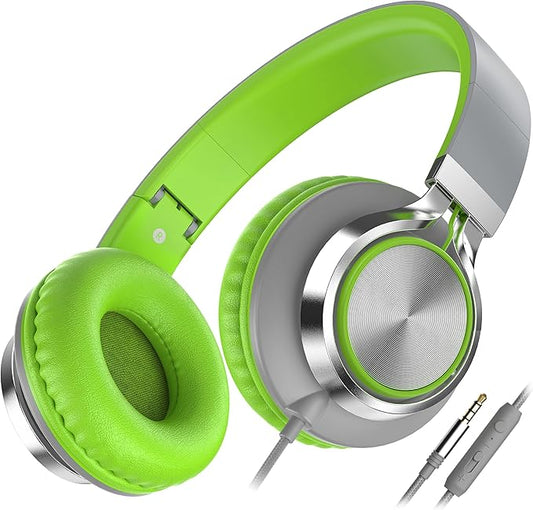 AILIHEN C8 Headphones Wired, On-Ear Headphones with Microphone and Volume Control, Corded 3.5mm Headset for Boys Girl School Smartphones Chromebook Laptop Computer Tablets Airplane Travel (Grey/Green)-CubbioJoy