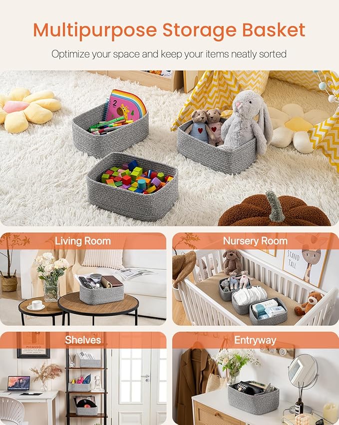 KALLAX Small Woven Basket, 12 x 8 x 4.5 Inches, Storage Basket for Organizing, Cute Small Rope Shelf Closet Cube Storage Bins Baskets for Shelves, Dog Toy Gift Baskets Empty, 3 Packs, Mixed Grey-CubbioJoy