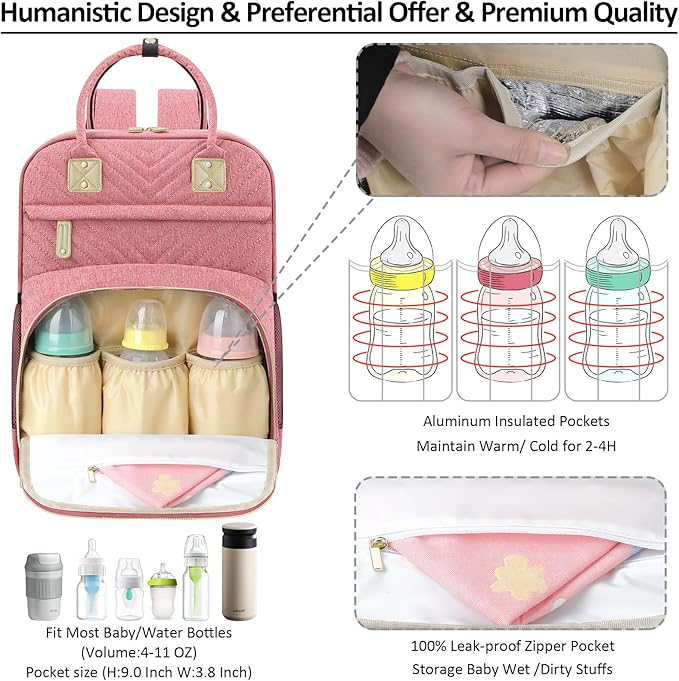 Baby Diaper Bag Backpack Tote for Women Large Capacity with Insulated Pockets Multifunctional Waterproof Diaper Bags For Baby Girl Boy Mama Maternity Travel Bag Pink-CubbioJoy