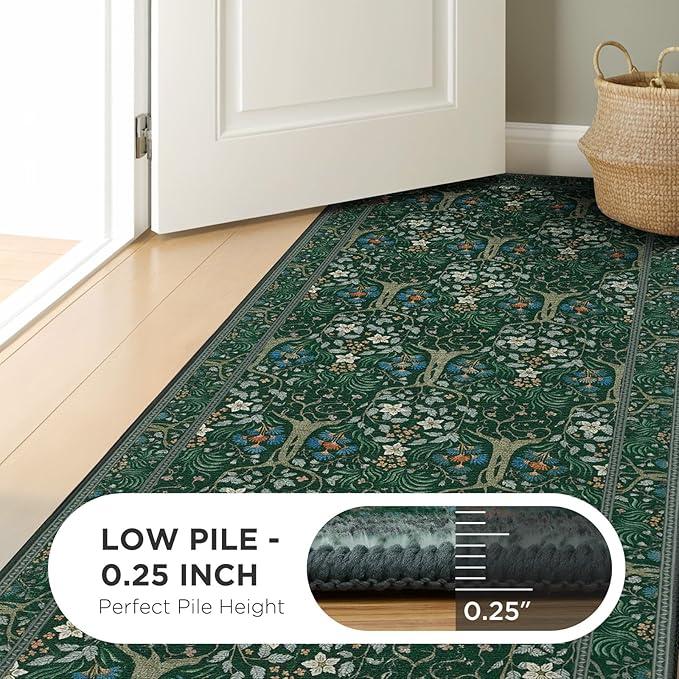 Joydeco Floral 5x7 Area Rugs for Living Room, Boho Dark Green Washable Rug Non Slip, Soft Low-Pile Botanical Forest Indoor Floor Throw Carpet for Office Dining Table Playroom Dorm-CubbioJoy