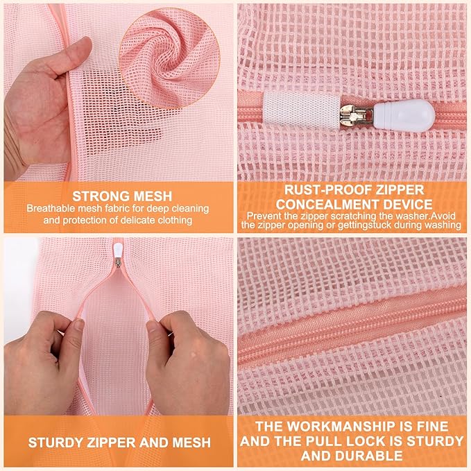 4-Piece Pink Large Durable Organic Cotton Mesh Laundry Bags with Sturdy Zippers and Breathable Mesh are Delicate Laundry Bags for Underwear, Clothes, Pants and Socks-CubbioJoy