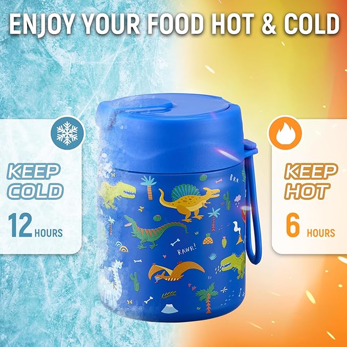 17oz Soup Thermo for Hot Food Kids Insulated Vacuum Food Jar with Stainless Steel Spoon Wide Mouth Thermo Leakproof Lunch Food Container Kids Hot Lunch Box (Blue-Dinasour)-CubbioJoy
