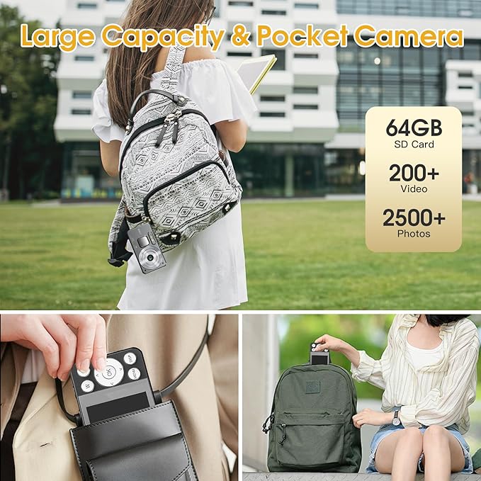 4K Digital Camera for Teens, FHD 64MP Digital Camera for Kids with 64GB SD Card, 18X Digital Zoom Cameras for Photography, Point and Shoot Video Camera for Kids, Black-CubbioJoy