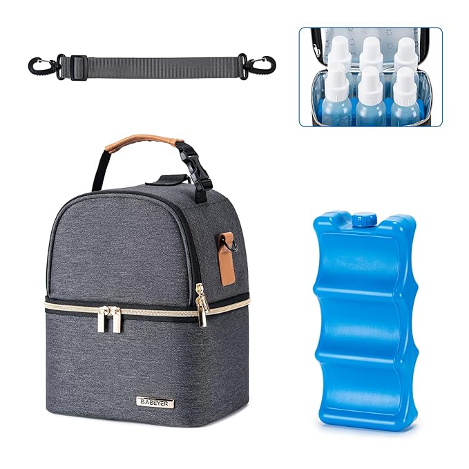 Breastmilk Cooler Bag with Ice Pack Fits 6 Baby Bottles up to 9 Ounce, Breastmilk Pump Cooler Bag with Shoulder Strap for Nursing Mom Daycare, Work, Travel- Grey-CubbioJoy