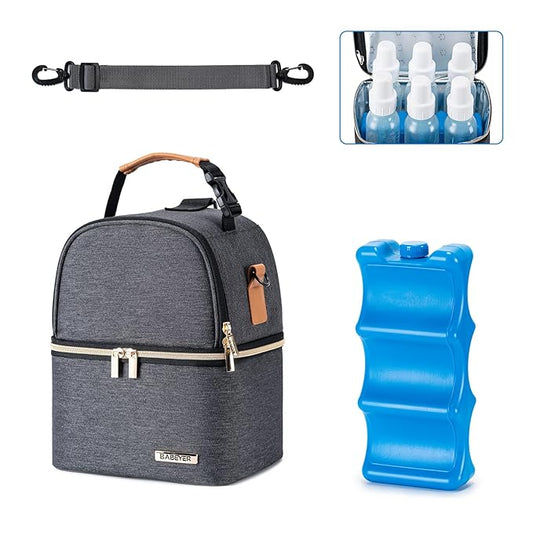 Breastmilk Cooler Bag with Ice Pack Fits 6 Baby Bottles up to 9 Ounce, Breastmilk Pump Cooler Bag with Shoulder Strap for Nursing Mom Daycare, Work, Travel- Grey-CubbioJoy