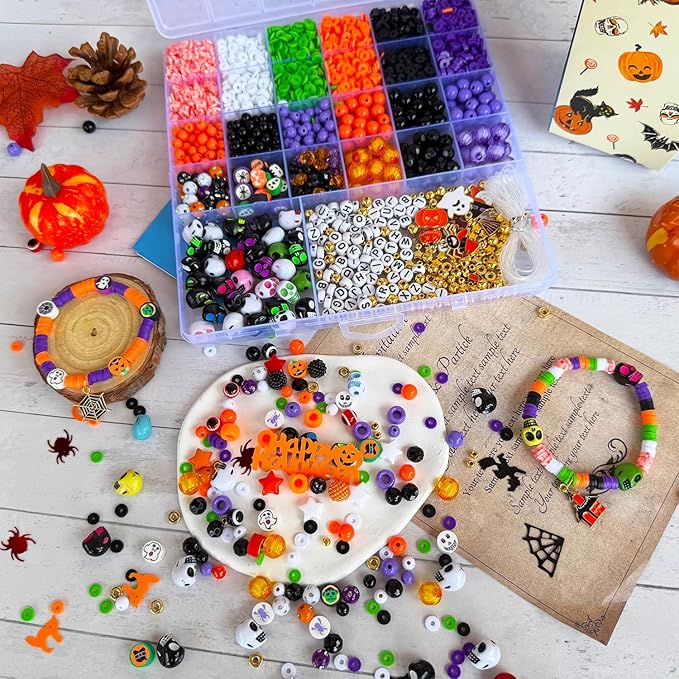 3140Pcs Halloween Beads for Bracelet Jewelry Making Kit, Halloween Clay Beads Black White Orange Purple Pumpkin Round Letter Star Skull Bead Bulk with Ghost Witch Hat Charm for DIY Craft Earring-CubbioJoy