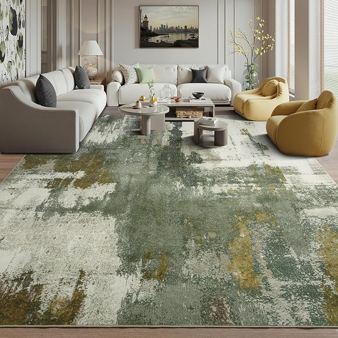 Kelarea Living Room Rug, 9x12 Rug Modern Abstract Washable Rugs, Green Vintage Low Pile Carpet, Non Slip Large Rugs for Bedroom, Dining Room, College Dorm, Home Office-CubbioJoy