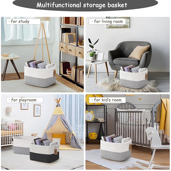 COMFY-HOMI Cotton Rope Woven Basket with Handles for Shelves,Toys,Book, Cloth Storage Baskets Bin for Organizing-13.5"x11"x9.5" Toy Decorative Organizer for Living Room, Bathroom-White/Grey-CubbioJoy