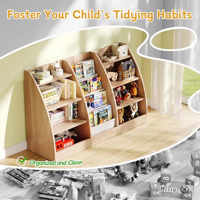 4 Tier Kids Bookshelf, 4 Layer Sling Kids Book Shelf for Kids Rooms, XXL Wood Children Bookcase,Baby Storage Book Rack,Toddler Bookshelf, Book and Toy Organizer,Book Display Shelf Burlywood-CubbioJoy