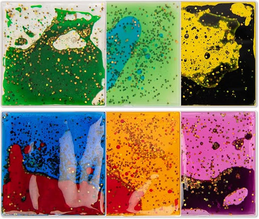 Art3d 6”x6” Square Sensory Fidget Liquid Motion Tiles for Kids, Toddler, Teens - Interactive Soft Gel Liquid Play Mats for Home, Schools, Playrooms, Multi-Pack of 6 Tiles-CubbioJoy