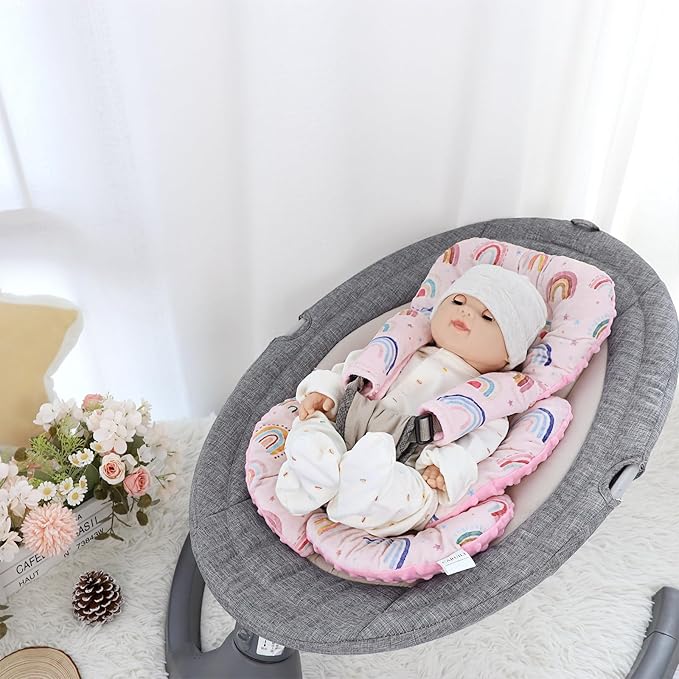 Infant Car Seat Insert, Car Seat Head Support Baby Girls Boys, Soft & Reversible Newborn Carseat Insert Cushion with 2 Strap Covers, for Stroller, Swing, Bouncer (Pink Rainbow)-CubbioJoy