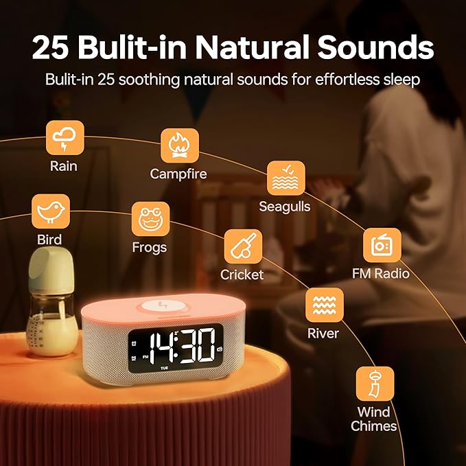 JALL Fabric Alarm Clock for Bedroom, with Big Led Screen Display, Bluetooth Stereo Sound Speaker, FM Radio, Fast Wireless Charging, USB Charging Port, Nightlight, White Noise, Ideal for Gift, Gray-CubbioJoy