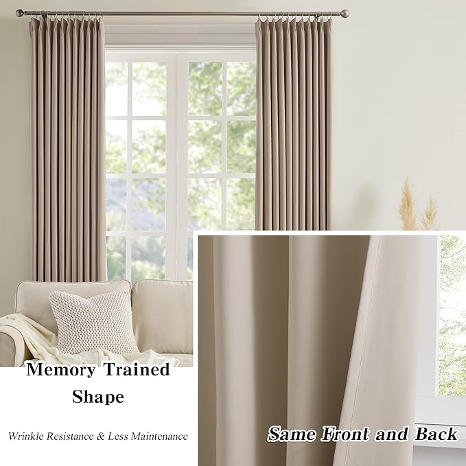 KEQIAOSUOCAI 100 Inch Curtain Panels Pinch Pleated Light Blocking Solid Custom Made Pleated Curtains Hooks Track Privacy Memory Shape Drape for Living Room,Khaki,40x100, Set of 2-CubbioJoy