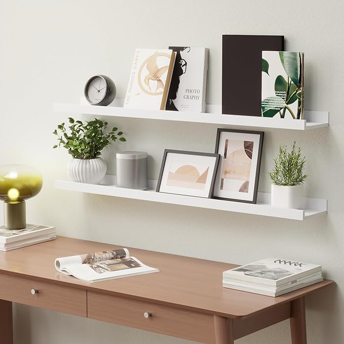 36 Inches Long Floating Shelves Wall Mounted, 2 Set Modern White Wall Shelf for Bedroom, Nursery Book Shelf with Lip, Picture Ledge Shelf for Wall Decor Living Room Bathroom Kitchen - White-CubbioJoy