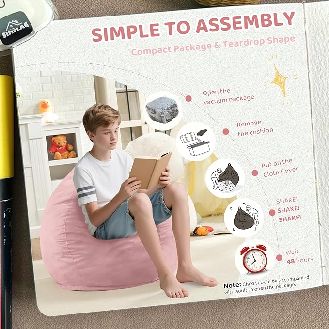 2FT Bean Bag Chair, Comfy Bean Bag Chairs with Memory Foam Filled, Fluffy Beanbag Sofa with Dutch Velvet Cover, Teardrop BeanBag Chairs for Living Room, Playroom - Light Pink-CubbioJoy