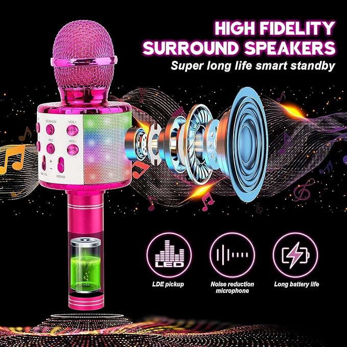 BlueFire 4 in 1 Karaoke Wireless Microphone with LED Lights, Portable Microphone for Kids, Great Gifts Toys for Kids, Girls, Boys and Adults (Purple)-CubbioJoy