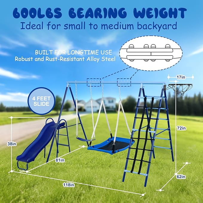 600lbs 6-in-1 Kids Swing Set, Backyard Playset with Belt & Platform Swings, Slide, Climbing Net, Basketball Hoop, Heavy-Duty A-Frame Metal Stand & 6 Anti-Tilt Stakes, Outdoor Gym for Ages 4-12-CubbioJoy
