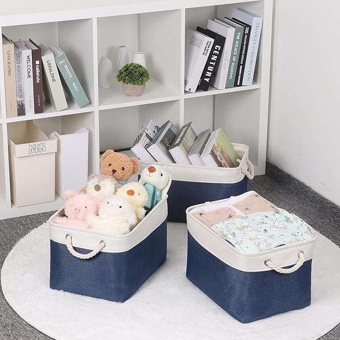 Bidtakay Storage Baskets Collapsible [3-Pack] Decorative Storage Bins with Cotton Rope Handles 15 X 11 X 9.5 Inch Organizing Baskets for Shelves Clothes Closet Navy Blue Baskets for Gifts Empty-CubbioJoy