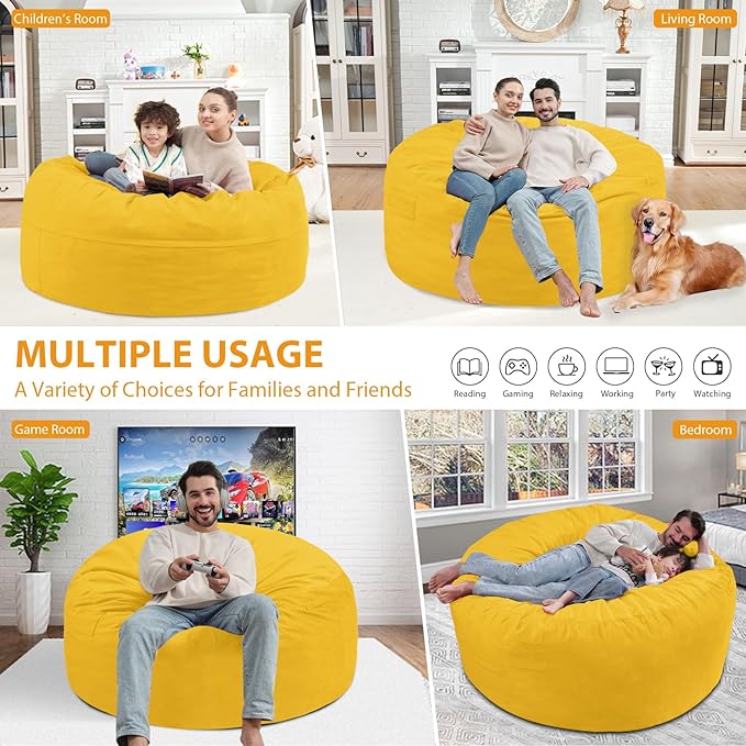 4FT Bean Bag Chair, Large Bean Bag Chairs with Memory Foam Filled, Fluffy Beanbag Sofa with Dutch Velvet Cover, Round BeanBag Chairs for Living Room, Playroom - Lemon-CubbioJoy