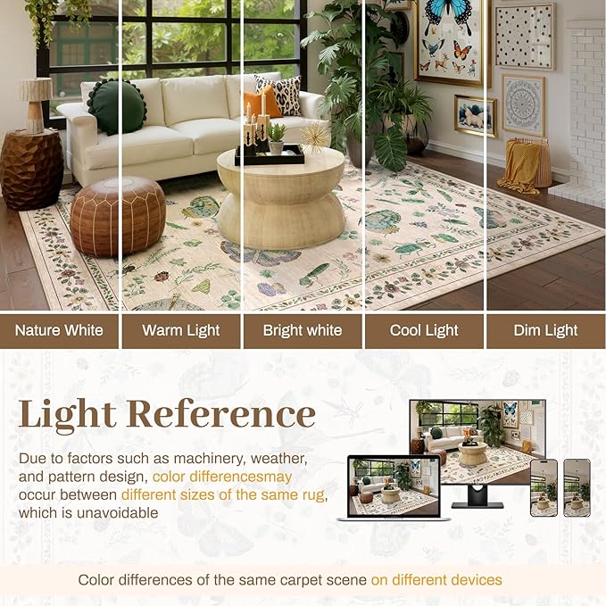 6x9 Rugs for Living Room with Insect Print - Bug Rug Non-Silp Stain Resistant Soft Carpet for Bedroom, Low Pile Ultra-Thin Machine Washable Carpet for Dining Room, Kids Nursery, Office (6'x9' Beige)-CubbioJoy