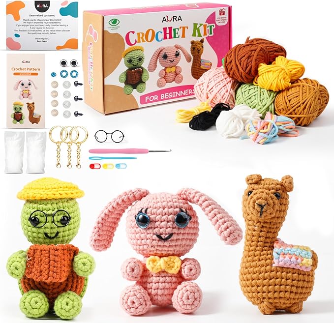 A-URA Learn to Crochet Kit for Beginners Kids and Adults, Premium 3 Animal Pattern Large Size Beginner Crochet Kits with Easy Tube Yarn & Step-by-Step Video Tutorials (Safari Friends–Larger Plushies)-CubbioJoy