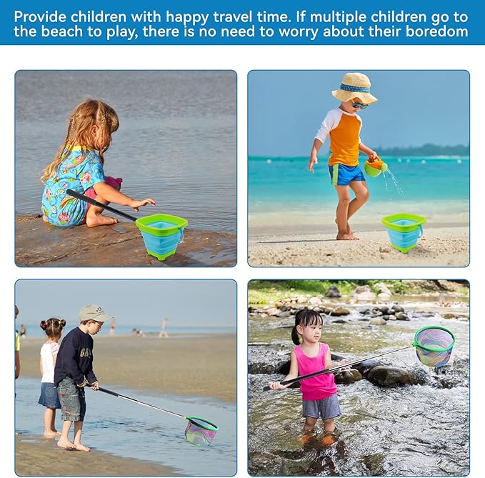 2PCS Fishing Net with Bucket, Telescopic Fishing Landing Net, Collapsible Kids Sand Bucket, Kids Fish Butterfly Catching for Freshwater Saltwater Outdoor Activities-CubbioJoy