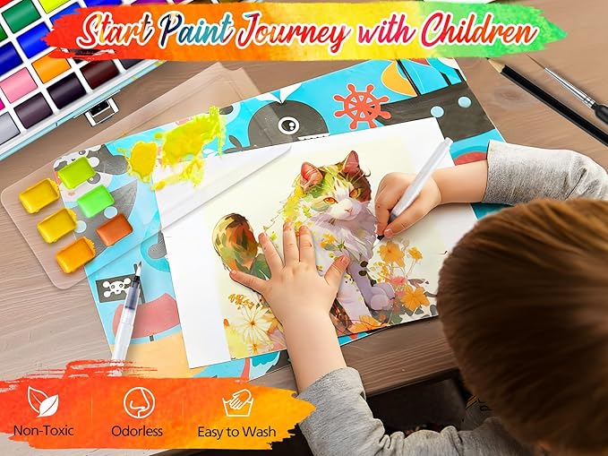 50 Colors Watercolor Paint Set with 6 Brushes, Portable Travel Water Color Kit with Carrying Case, Palette and Accessories, Non-Toxic Art Supplies Gift for Artists Adult Teen Kids Girls Boys-CubbioJoy