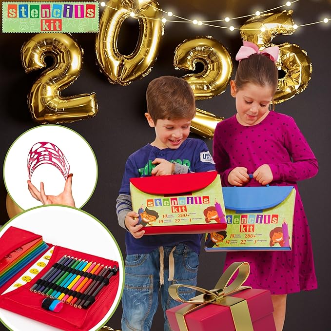 Drawing Stencils for Kids Kit & Carry Case – – Child-Safe, Non-Toxic Stencil Set with 300 Shapes, Colored Pencils, Paper, Etc. – Birthday Gifts & Travel Art Supplies for Creativity, Learning and Fun-CubbioJoy