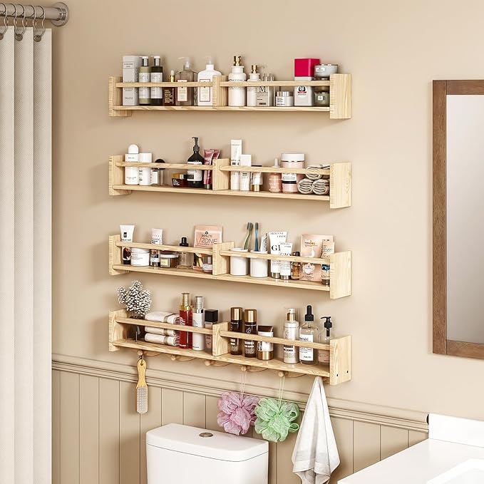 34Inch Nursery Bookshelves,Set of 4,Wall Floating Shelf Kids Coat Rack with 6Hooks,Hanging Book Shelf for Baby Nursery Room Décor， Patent Number: 29958098(Burlywood, 34)-CubbioJoy