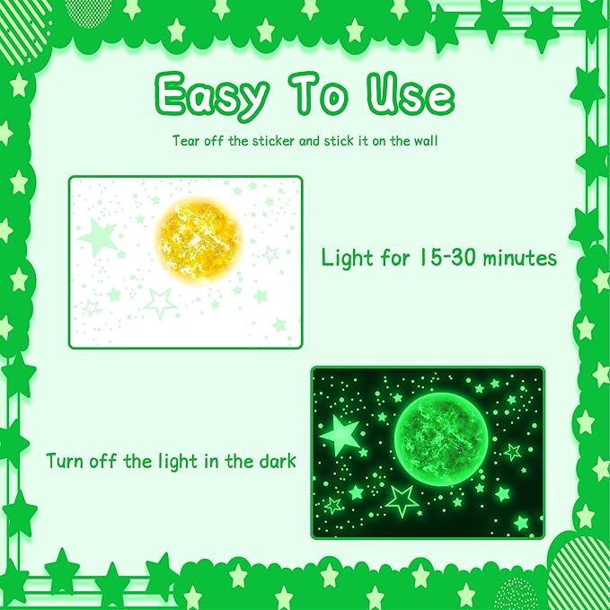965 PCS Glow in The Dark Stars and Sun for Ceiling, Luminous Stars and Planet Wall Decals, Kids Room Decor, Glowing Galaxy Wall Stickers for Nursery Decorations (Green)-CubbioJoy