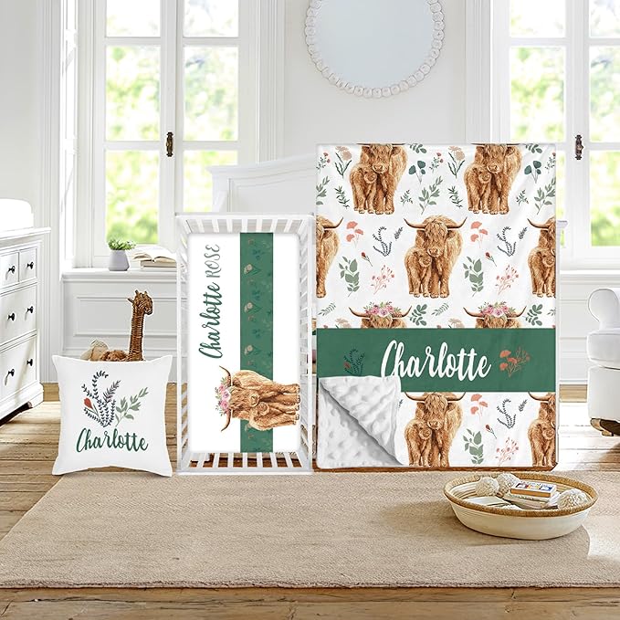 Custom Crib Bedding Set - Highland Cow Design Personalized Name Baby Nursery Bed 3 Pcs Set - Chic Soft Blanket with Dotted Backing, Sheet, Pillowcase for Newborn Girls Boys Gifts Color04-CubbioJoy